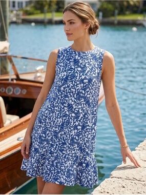 LILLY PULITZER Kristen Flounce Swing Dress Blue White Coral Pima Cotton